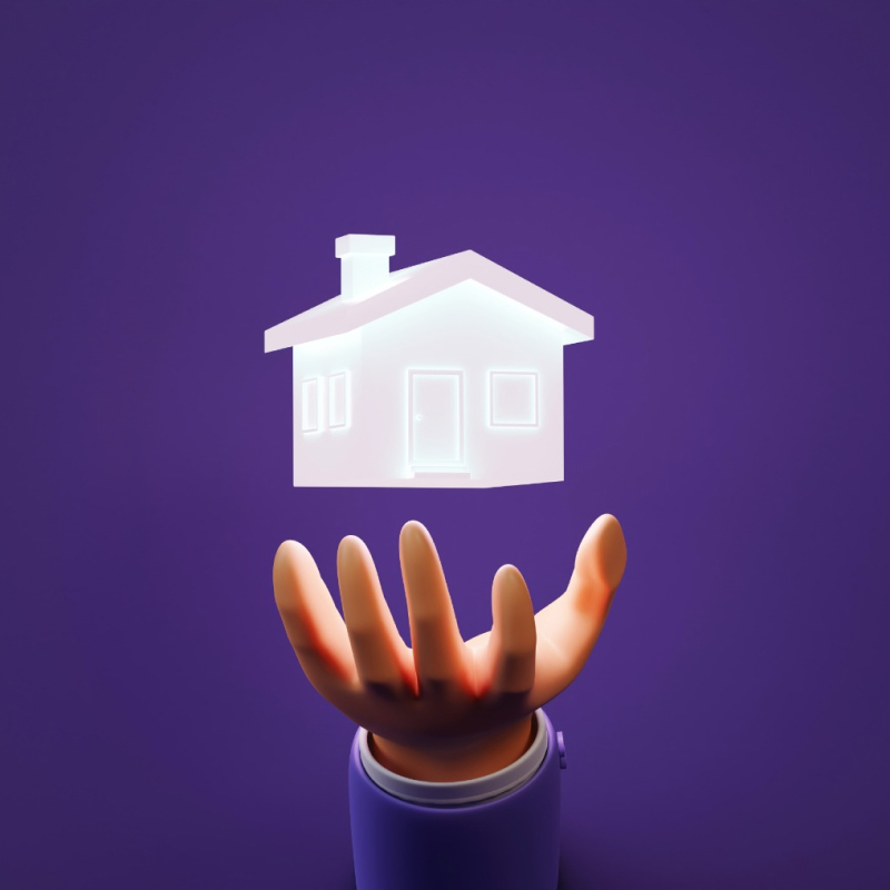 Een 3D-gerenderde hand strekt zich uit tegen een paarse achtergrond en houdt een verlicht holografisch huis vast. Het huis zweeft boven de palm en symboliseert concepten als onroerend goed, investering of innovatie.